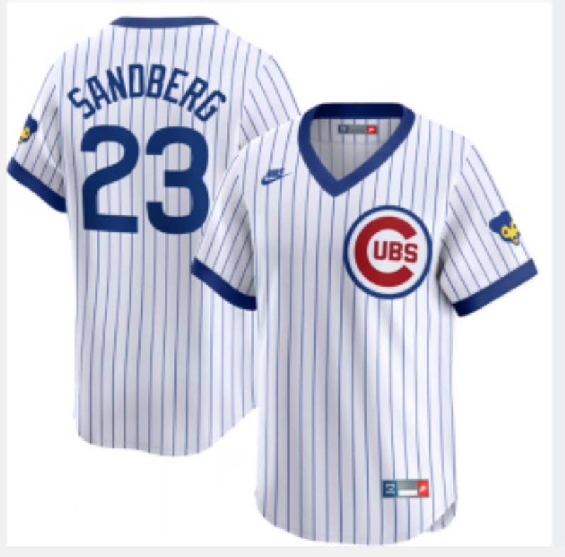Men 2025 Chicago Cubs 23 Sandberg white stripe Throwback Nike MLB Jersey style 02